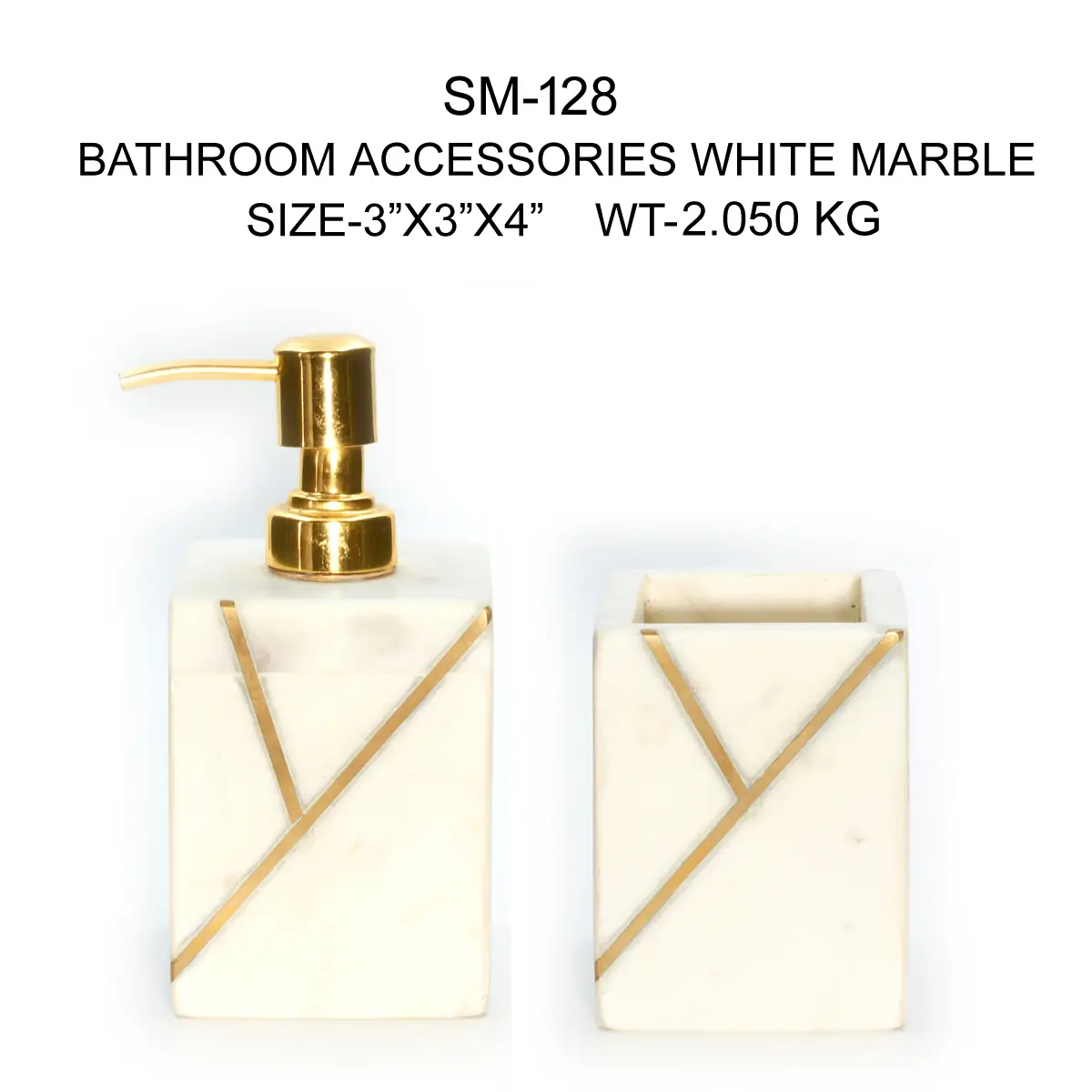 WHITE MARBLE BATHROOM ACCESSORIES SET OF 2 PCS WITH BRASS INLAY